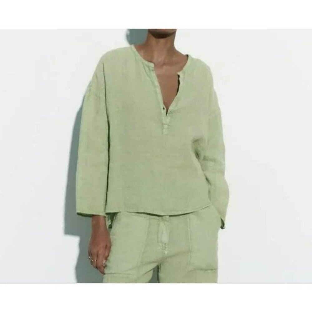 Zara Sage Green Oversized Linen Long Sleeve-Slit‎ Blouse Size Small